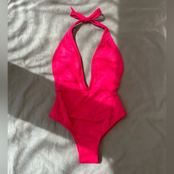 Peixoto Kai One Piece Swimsuit in Bright Red Pink Halter Plunging Neck Open Back - Picture 2 of 13